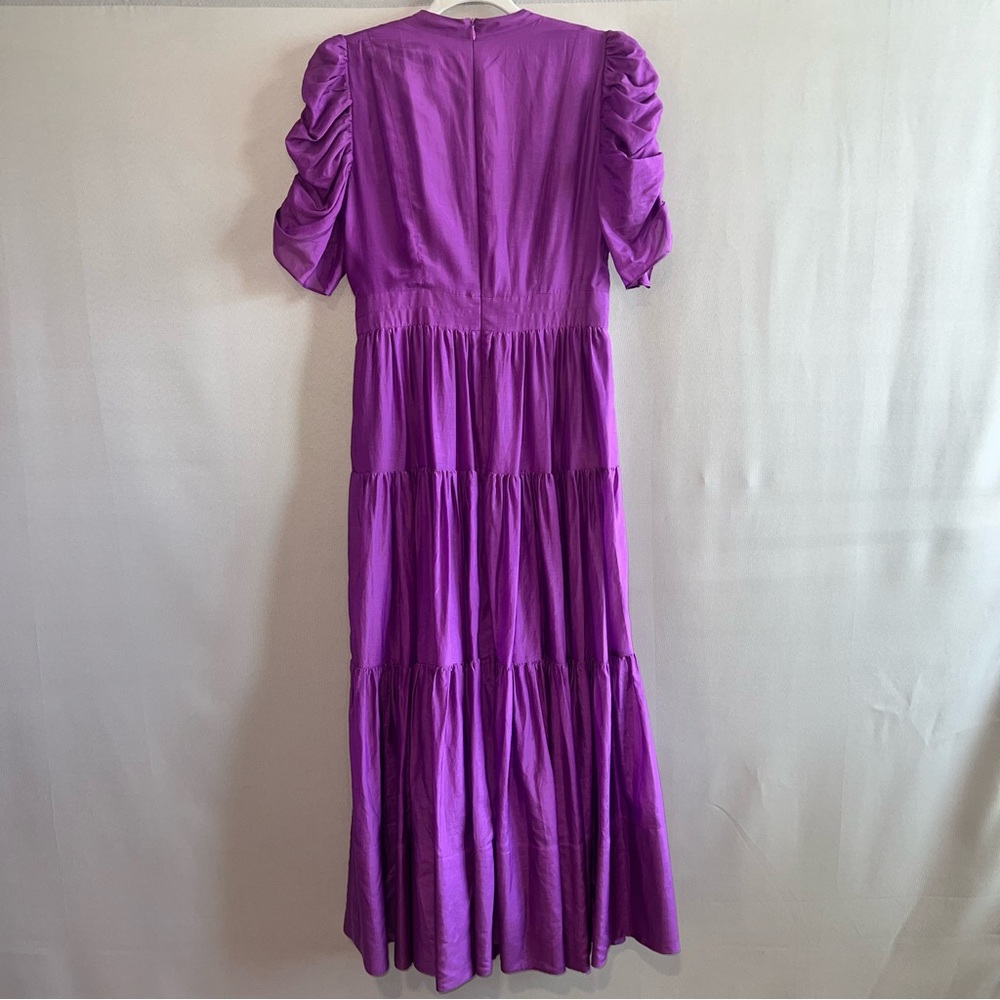 ME+EM Purple Cotton Silk Tiered Maxi Dress Ruched Puff Shoulder - Size 6 - Picture 3 of 8